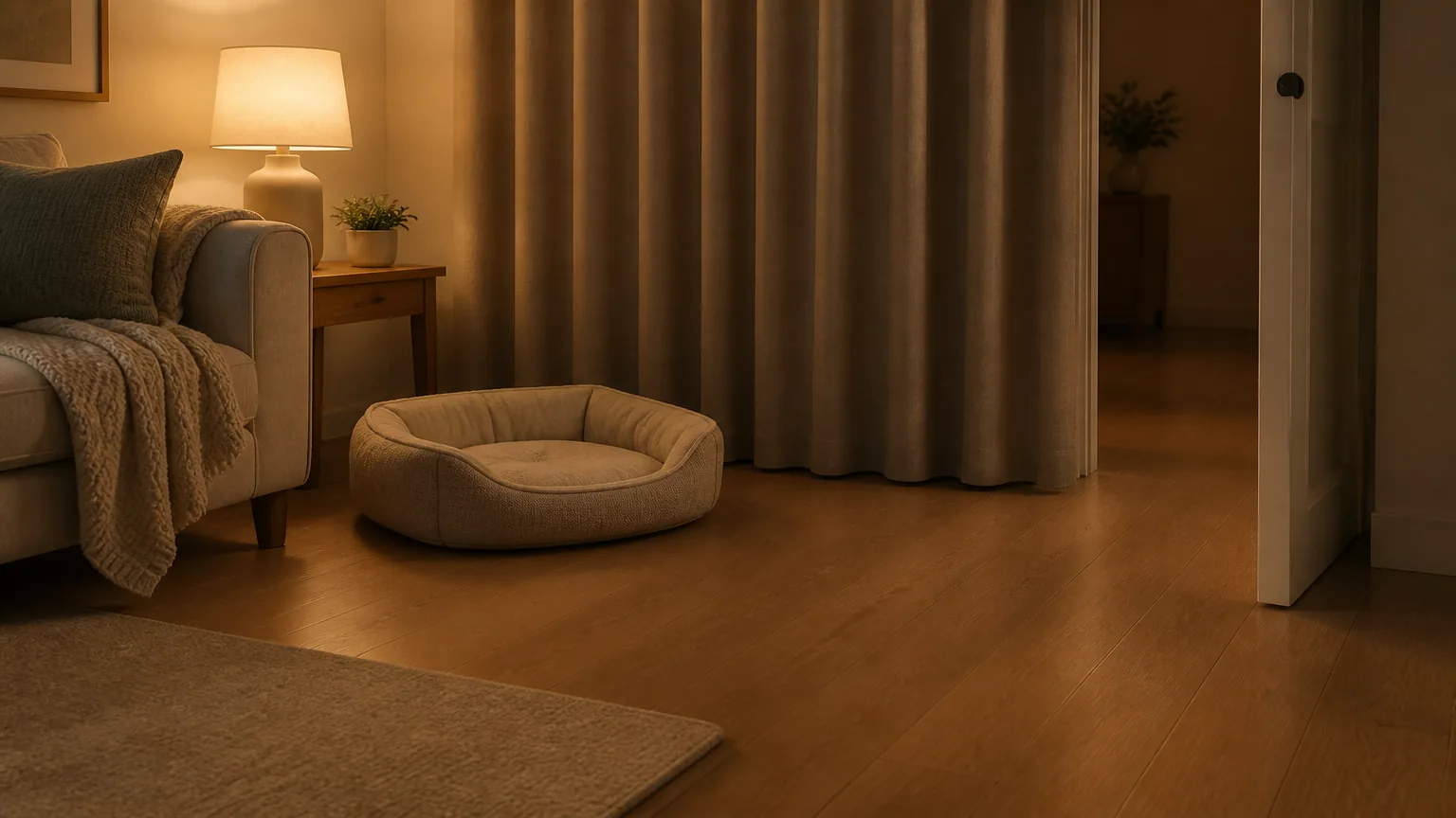 An empty cat bed with an unobstructed approach after the room's curtains have closed