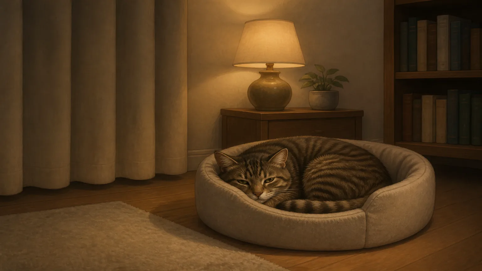 A tabby resting in an open bed in a quiet indoor corner, away from the window
