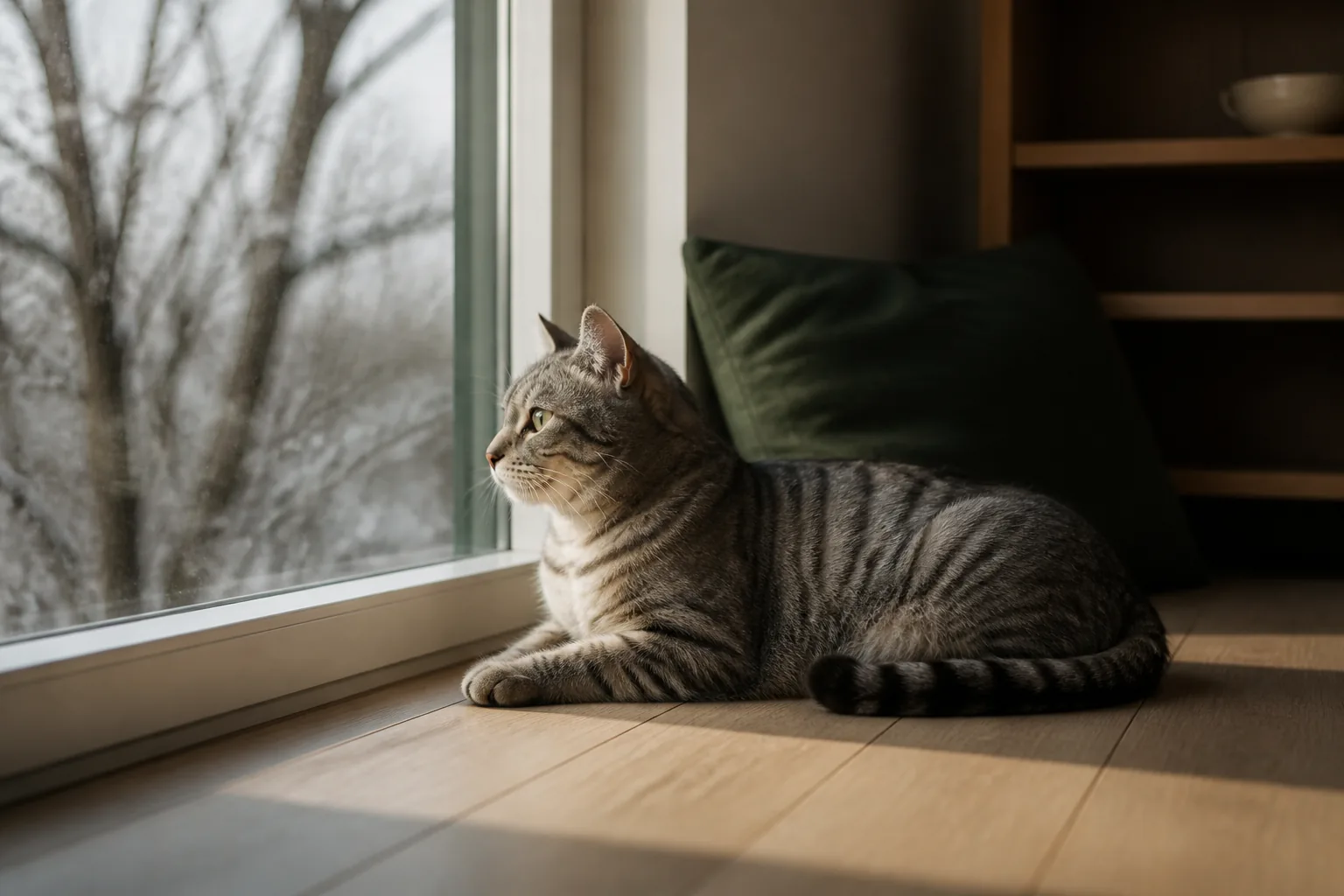 A tabby cat lying still beside a window in low winter daylight, indoor room warmly lit