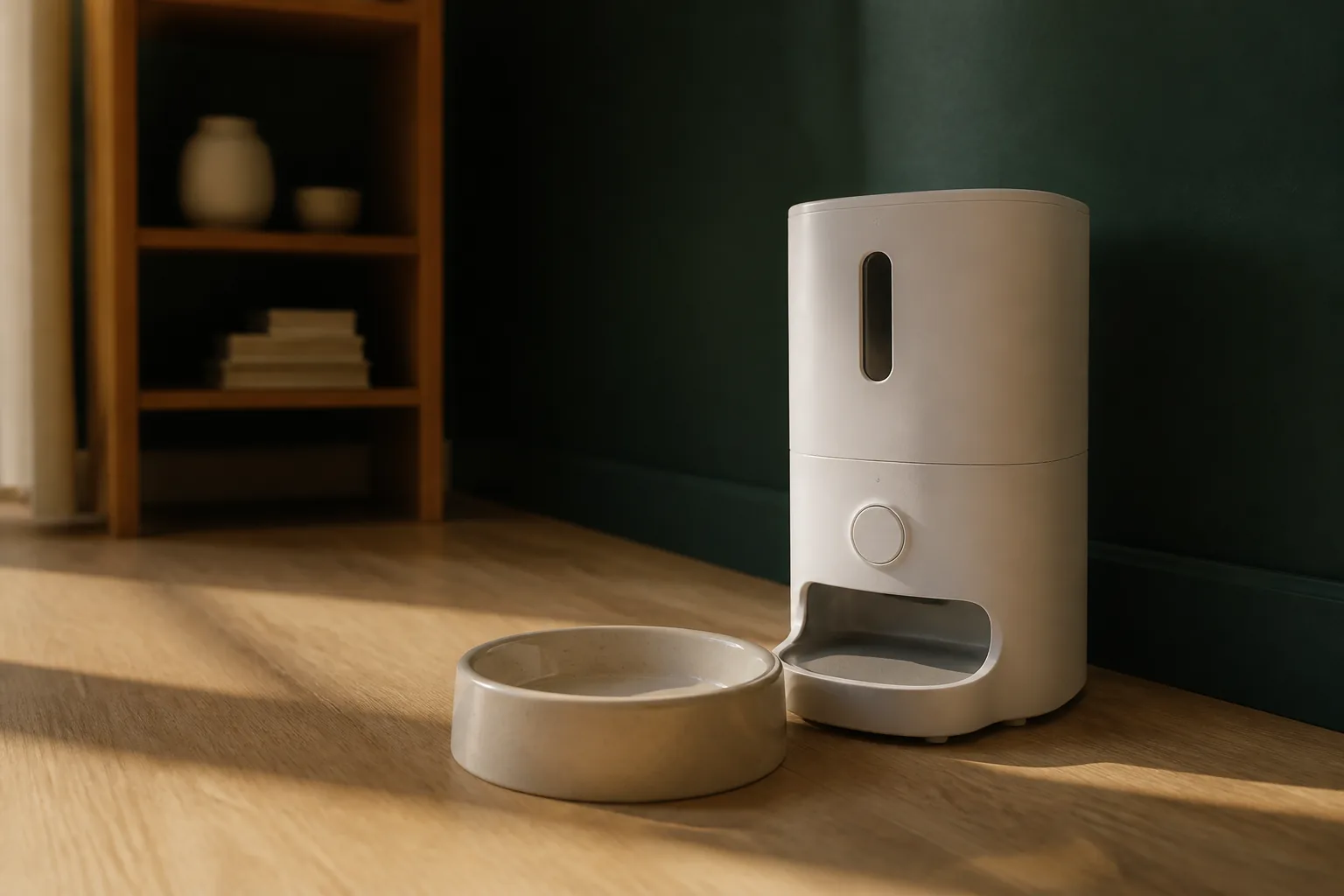 A ceramic bowl beside a programmable pet feeder on a wooden floor in an empty room, low winter light