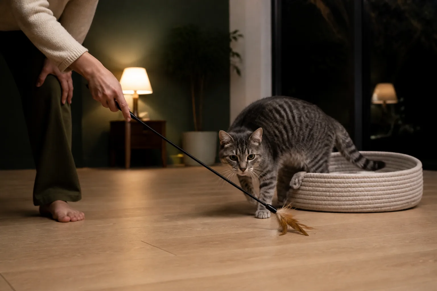 A hand trailing a feather wand across the floor as a tabby cat rises out of a woven rope bed under lamplight