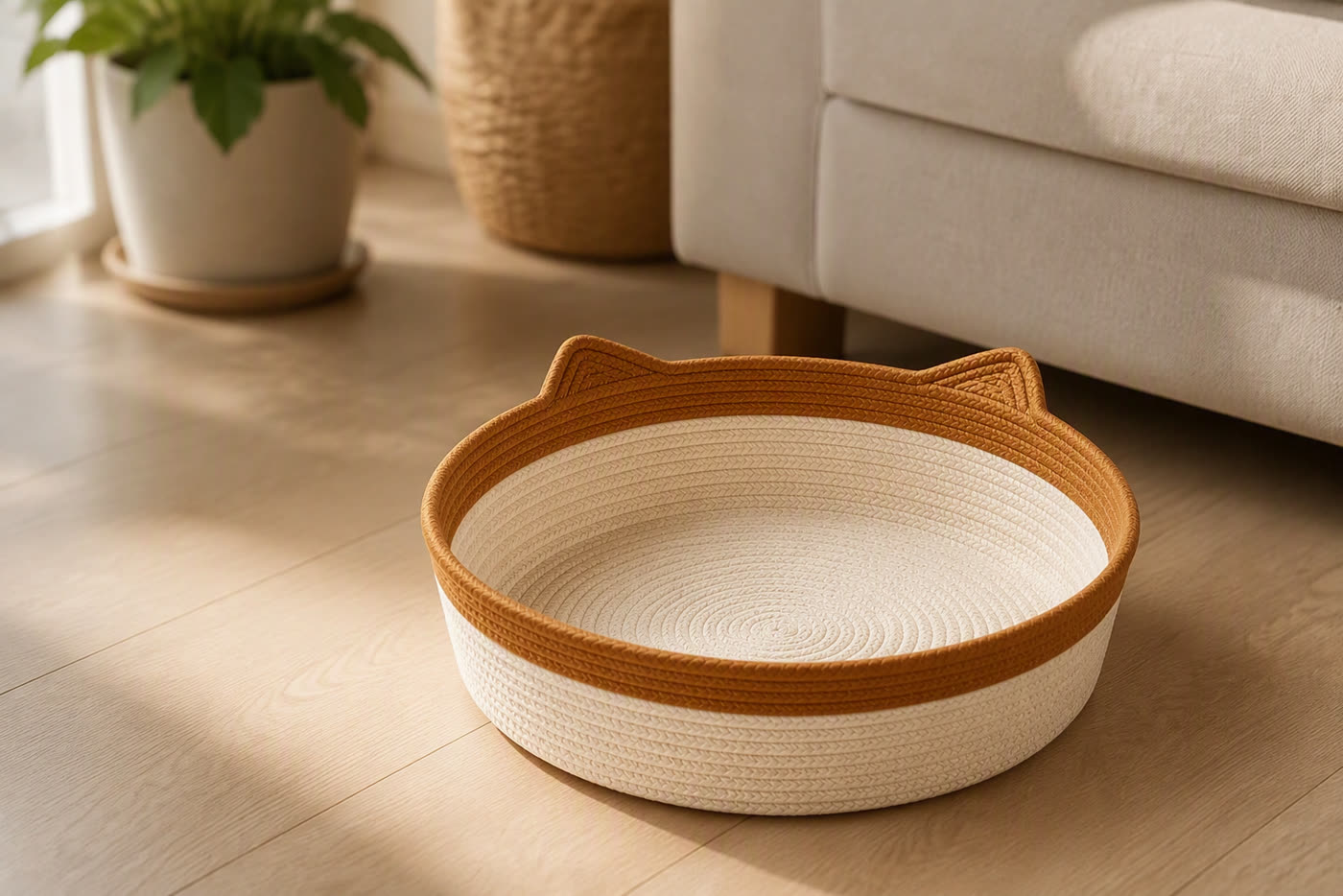 Woven Cotton-Rope Cat Bed — In context