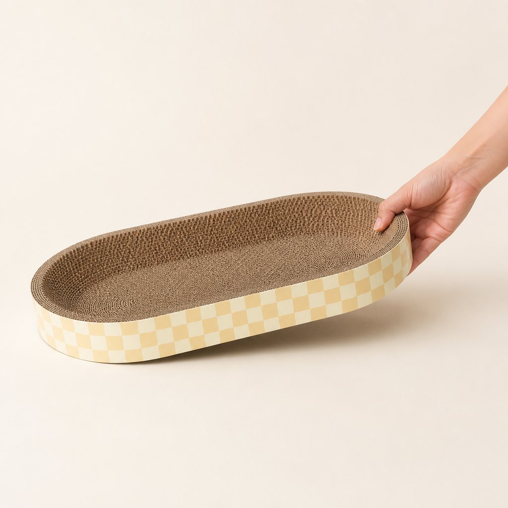 Oval Corrugated Scratcher Lounge — Shown in the hand