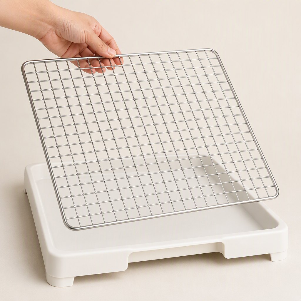 Raised Mesh Dog Toilet Tray — Shown in the hand