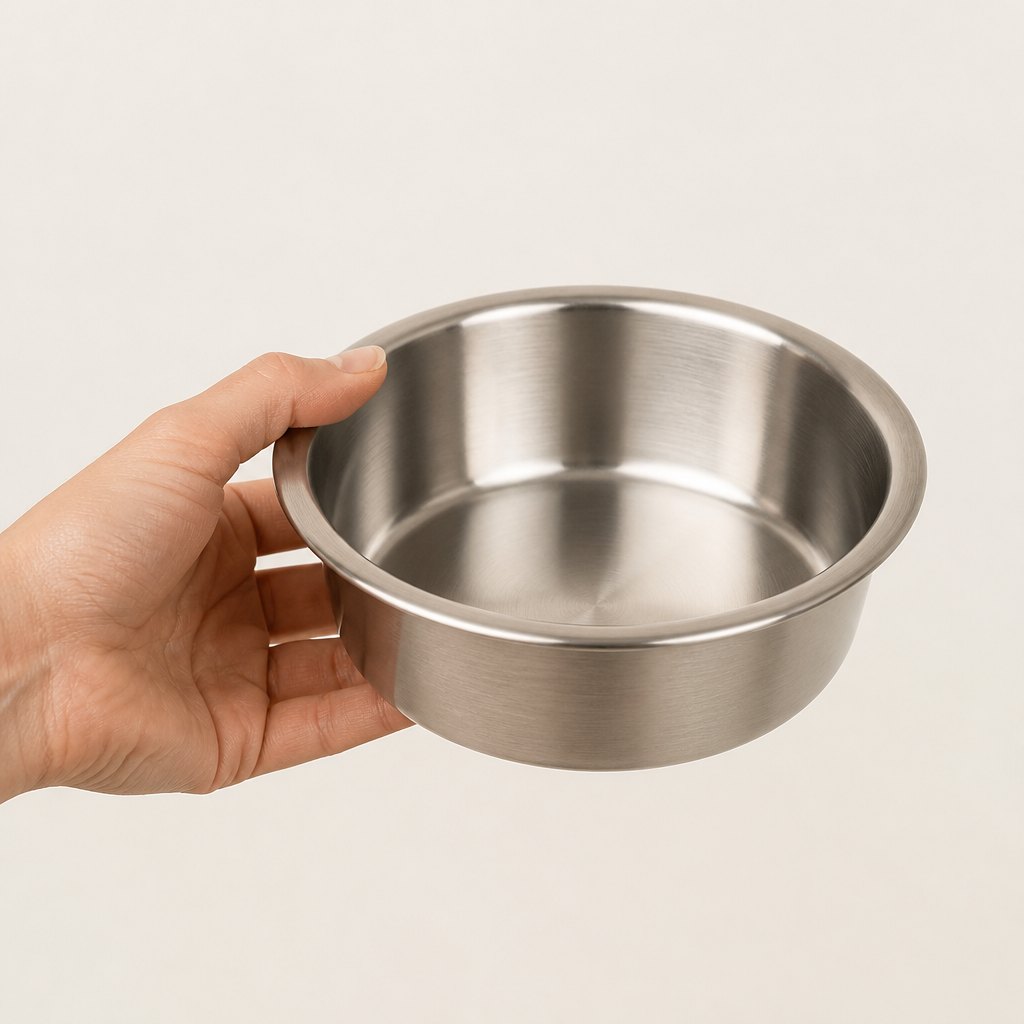 Anti-Slip Stainless Steel Pet Bowl — Shown in the hand